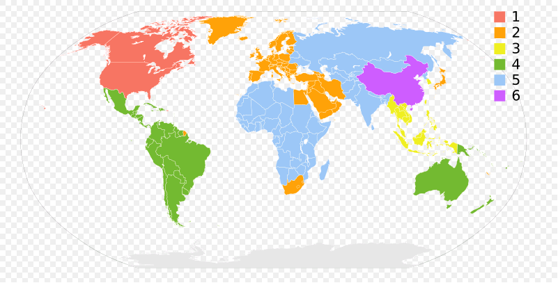Map of the world showing the parts of the world that use each of the six DVD region codes.