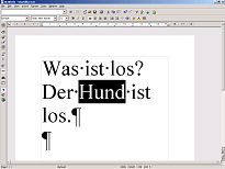Screen shot of a StarOffice 6.0 document containing the German text "Was ist los? Der Hund ist los.", in which the word
"Hund" has been selected.