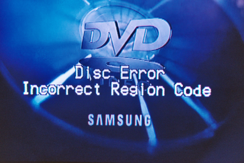 Picture of a television screen displaying the error message "Disc Error Incorrect Region Code". This error message was
generated by the connected DVD player, which has region code "1", following the insertion of a DVD having region code "2".