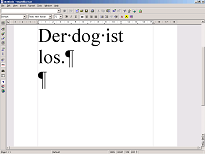 Screen shot of a StarOffice 6.0 document which had contained the German text "Was ist los? Der Hund ist los.", in which the word "Hund" had been selected, and in which the German word "Hund" has now been replaced by the translation "dog".