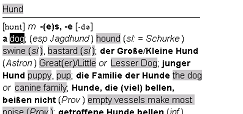 Closeup of the WordFinder window in which the German word "Hund" has been looked up and in which the first translation "dog" has been selected.