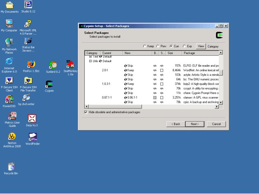 Screen shot of "Select Packages" window of Cygwin Setup program showing the Util packages tree expanded and the binaries selected for the package clamav.