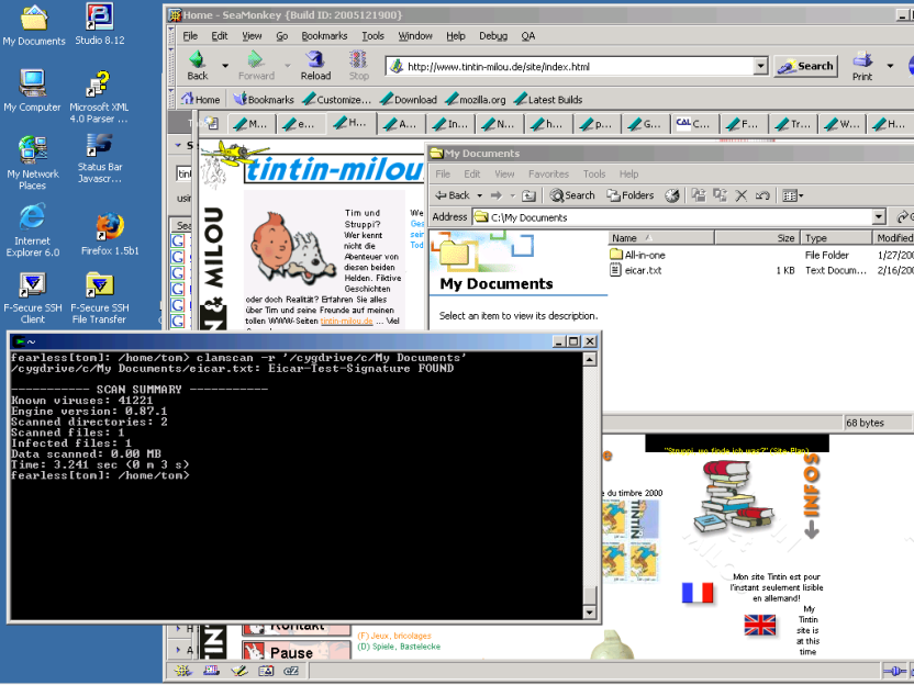 Screen shot of Windows 2000 desktop showing Cygwin window containing the Clam command to scan the "My Documents" folder, along with the output of this command indicating that it discovered the EICAR test file in this folder; screen shot also shows the "My Documents" folder open and containing the EICAR test file.