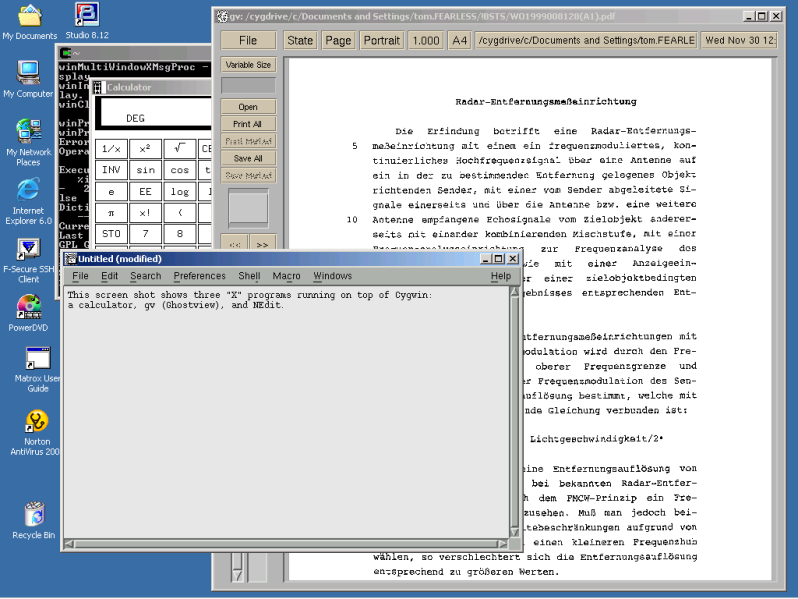 Screen shot showing 3 "X" applications — a calculator, NEdit, and Ghostview — launched from Cygwin running on Windows 2000; Ghostview is displaying a pdf file of a German-Language international patent application.