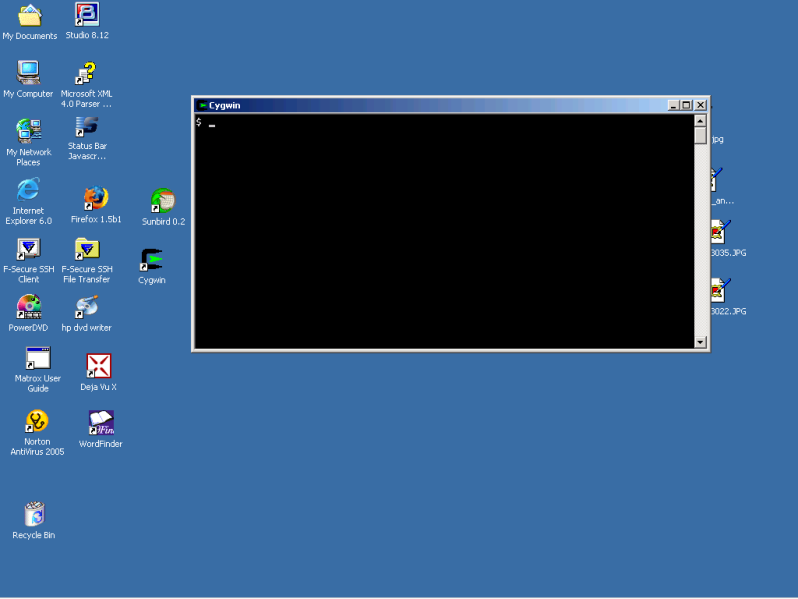 Screen shot of blank Cygwin window on Windows 2000 desktop.