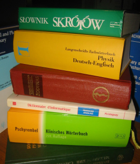 Photograph of a stack of specialized monolingual and bilingual foreign-language dictionaries