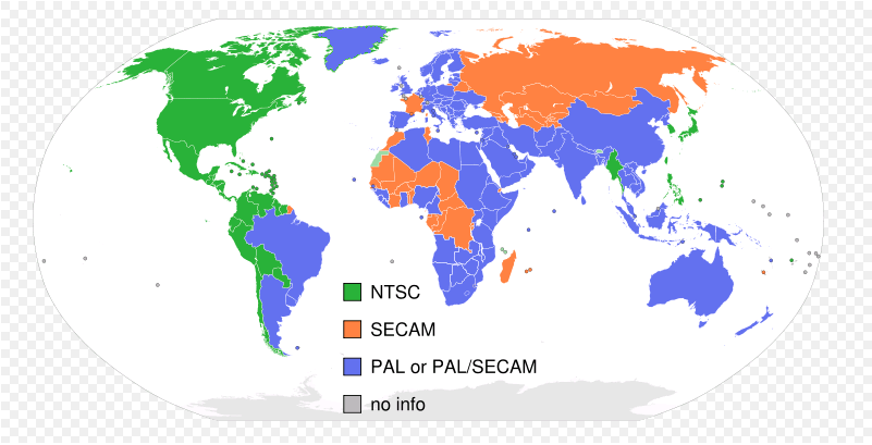 Map of the world showing the parts of the world that use each of the three major analog video encoding standards (NTSC, SECAM,
and PAL).